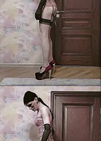 Sissy whore positions in a chastity thong and with a anal put in