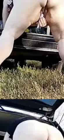 My fat wife masturbates with a dildo after fucking in the forest