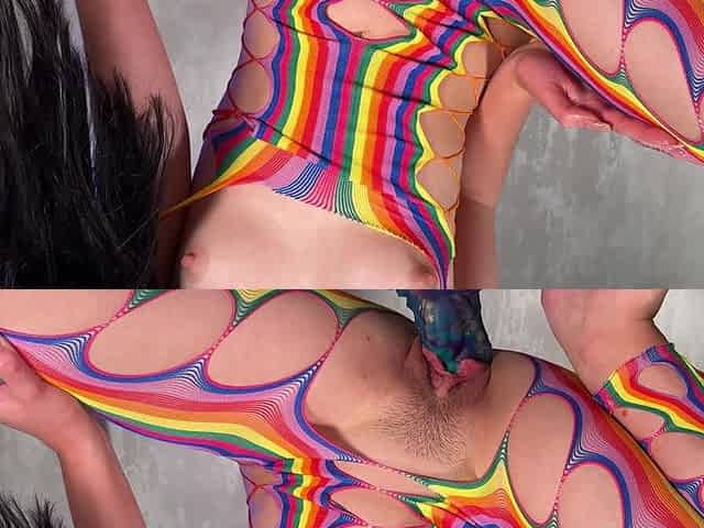 Fucking My Pussy with a Big Alien Dildo in Rainbow Bodystocking