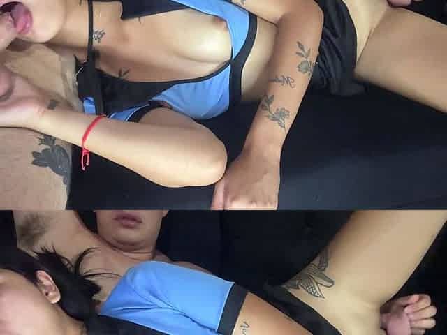 I suck his cock while he fucks my pussy with a dildo! I