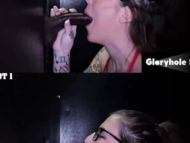 Geeky Inked Girl Gobbles Multiple Bursts at the Gloryhole