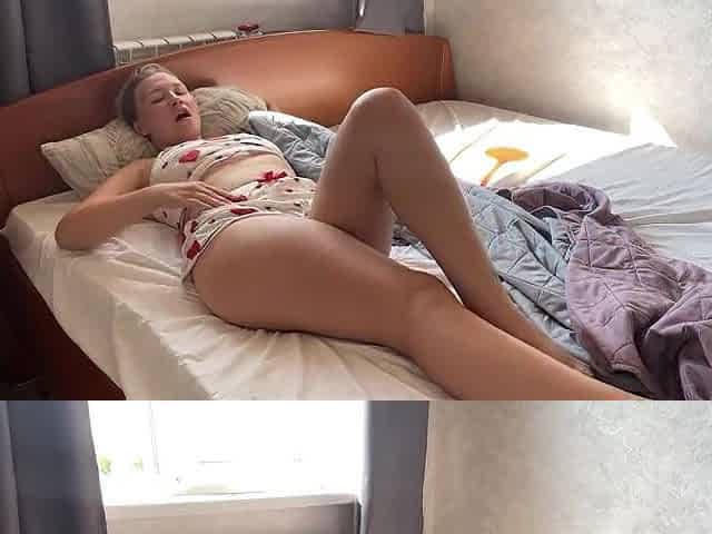Morning masturbation ended with groans and creampie!