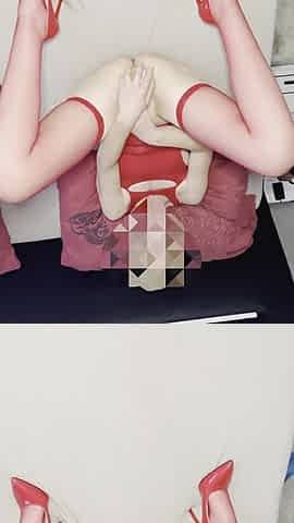 Wife in Red Mini Dress and Chastity Husband, Playing with Big Dildo
