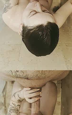 Tattooed playgirl Sucking consummate ramrod in shower