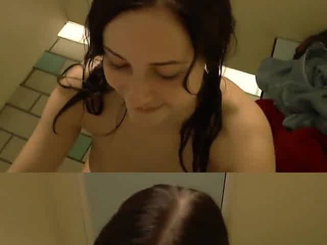 Hot couple decides to get it on in a noisy changing booth at a swimming pool