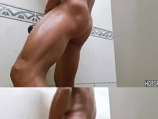 Sexy Stud with Ideal Booty and Penis Masturbating with Fleshlight in Public Bath