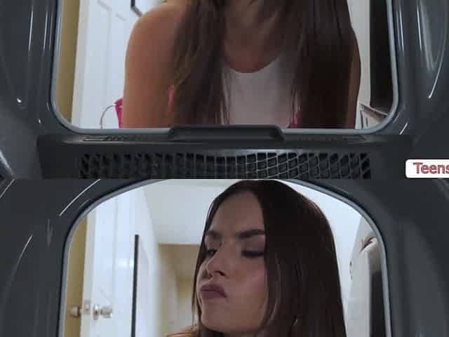 See this concupiscent lesbo wearing a thong on during the time that watching the maid doing laundry