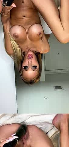Shaved pussy blonde Tasha Reign with big boobs goes solo