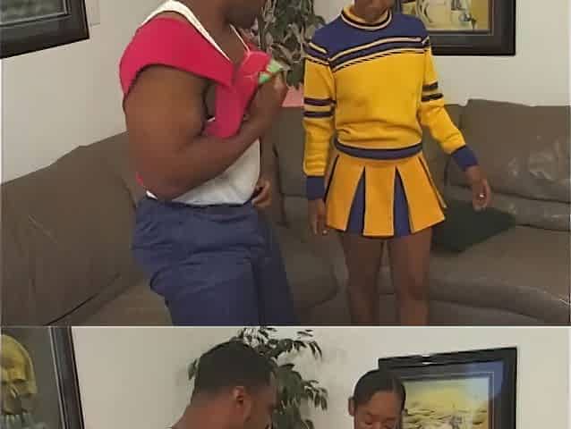 Hot black cheerleader bangs fan in the living room