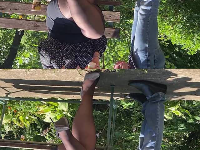 Colleague with delicious nymph legs gets a load of cum instead of creamer for coffee outside