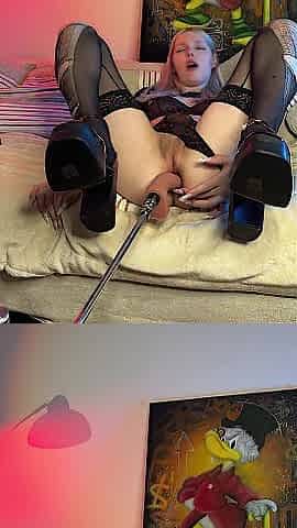 T-girl in ebony nylons cum in cage
