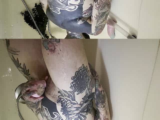 SEXY TATTOOED BUTCH RUBS CORPULENT SNATCH IN SHOWER-MASSIVE LOVE BUTTON, CHUBBY BUTT, HIRSUTE NATURAL