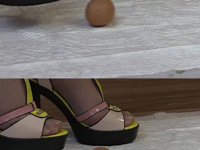 crashes eggs with high heels, aged lady in high-heeled shoes