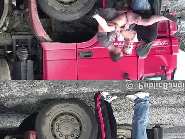 Sexy golden-haired tiny cutie screwed by two boyz in public sex 3some
