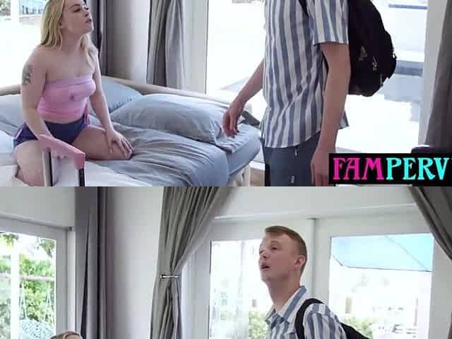 Tiny step sister speeds up step bros masturbation by letting him rail her