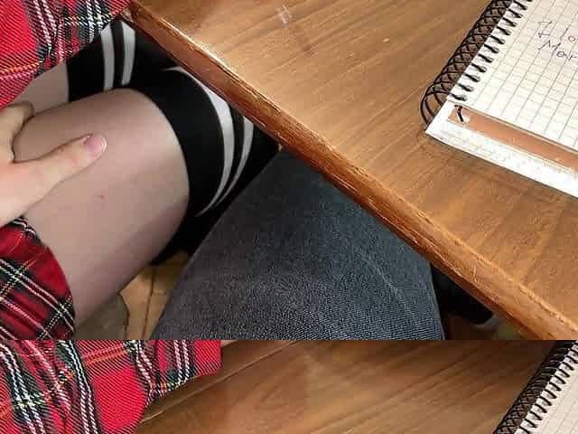 AFRESH SCHOOLGIRL TUGJOB CLASSMATE BELOW THE TABLE ON THE LESSON