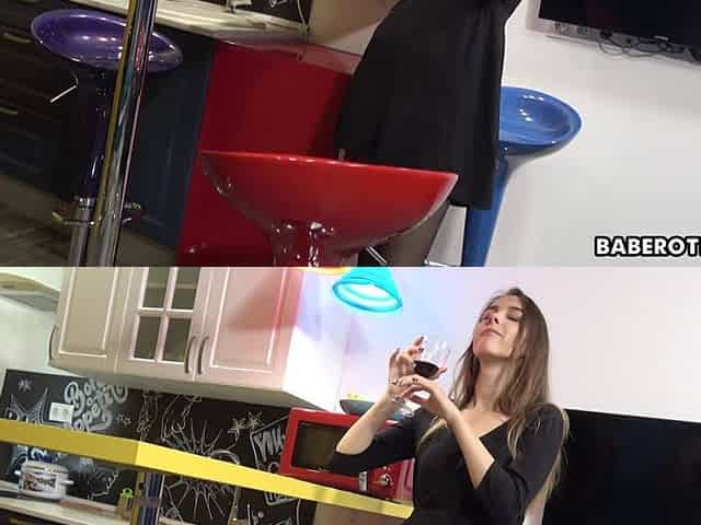 At the bar, trace fucks her shaved pussy with a toy, so deep