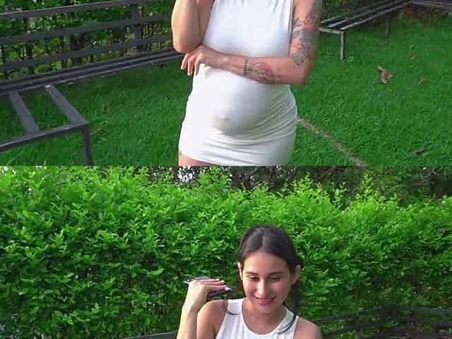 A preggy cutie takes on a dare in a public park and has sex.
