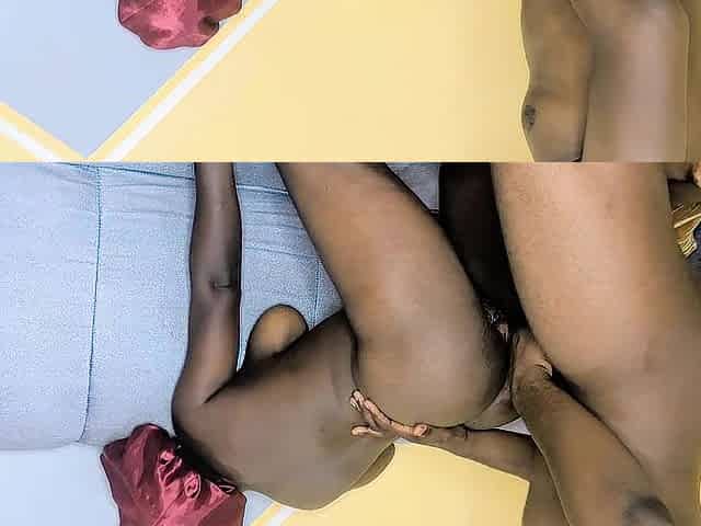 Charming natural black takes care of her darling after his morning shower