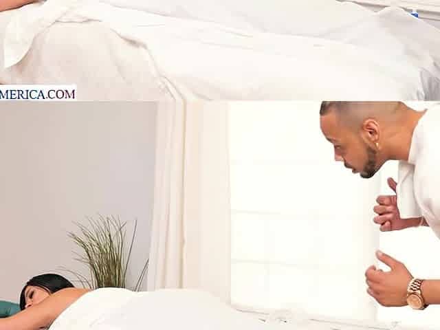 Sexy and Juicy, Mona Azar, gets oiled up and massaged by her friend's boyfriend, then gets her pussy worked!