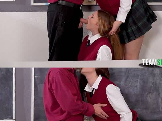 Mazy Myers and Ava Davis are sucking cock in the classroom