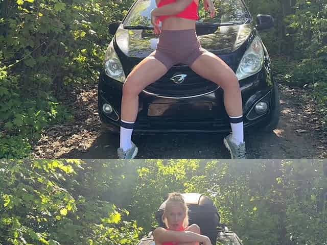 Having Fun on the Hood with a Dildo in the Woods