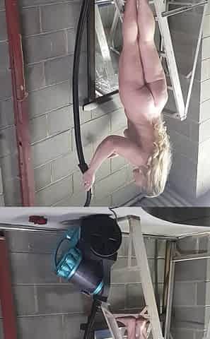 Nude Cleaning My Home Gym, I Use a Ladder