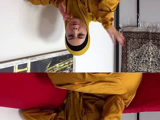 Horny yellow hijab on red sofa
