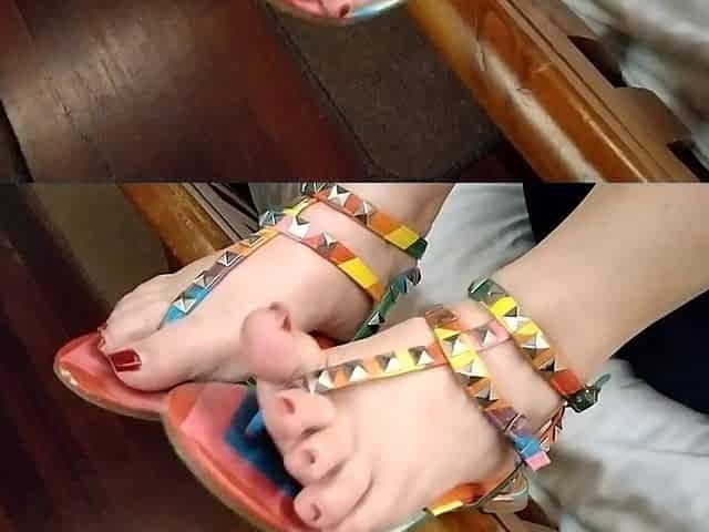 Sexy red toenails and Multi-color thong sandals