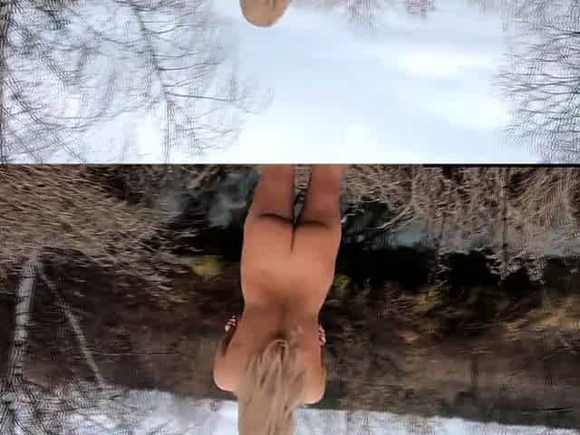 Nude Blonde Walks in Autumn Village