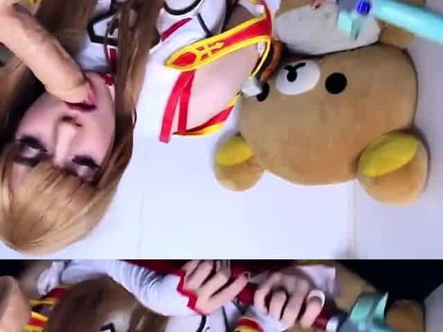 Masturbating busty blonde teen on couch with big toys