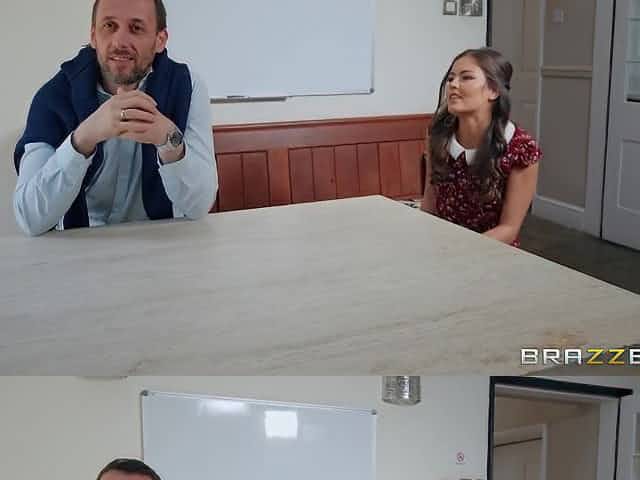 Skinny brunette gets pussy stuffed with fat dick on table