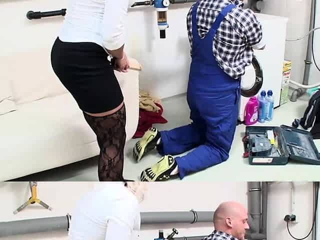 Blonde hottie jumps anally plumber's dick