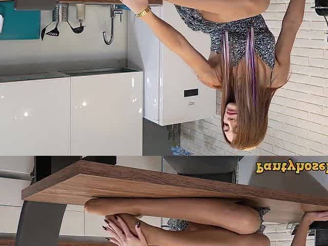 Fit youthful redhead Katrina in tan hose and flashing