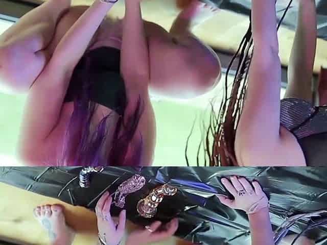 Sweet lesbians masturbating in trio