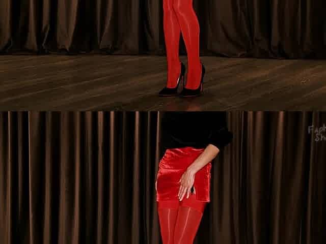 869 Layered Shiny Red Retro Stockings and Black Pantyhose