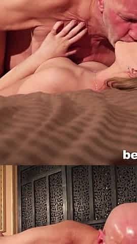 Lucette Nice, young blonde with perky tits enjoys in Hugo's cum in her mouth after fucking