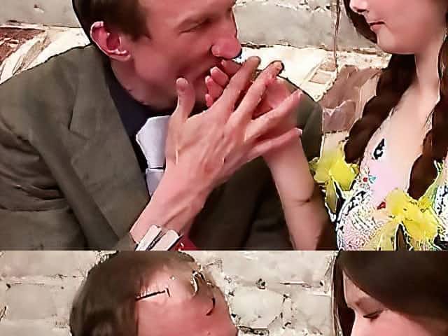 Little gal with big boobs rides her old professor
