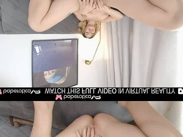 Solo golden-haired Sarah M masturbates with a big toy in VR.
