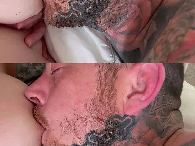 Dad latched on, breastfeeding from his tits ????
