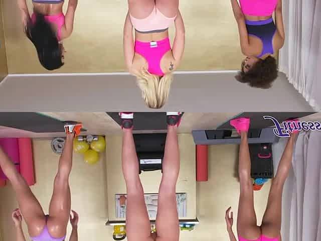 PAWG and LARGE BOOTY BLACK LATIN CHICK lesbo TRIO in gym - FULL SCENE - Fitness Rooms