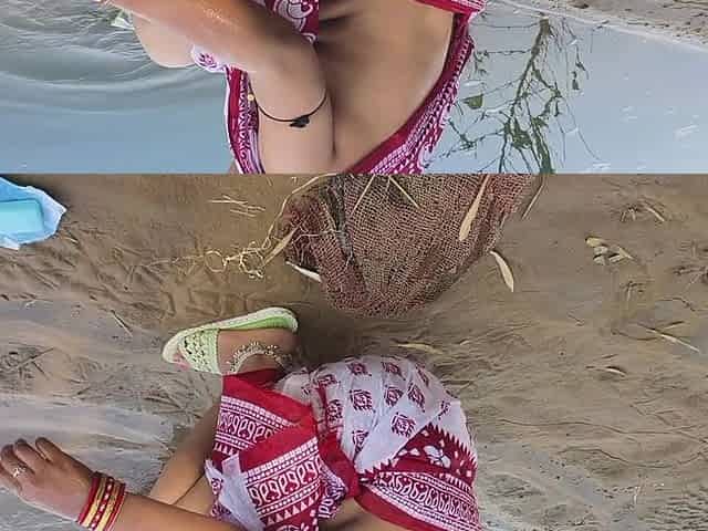 Indian Village Wife Bathing in the River in Outdoor Area