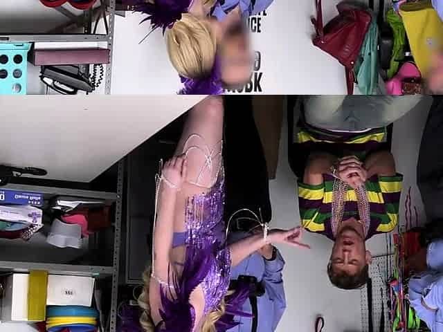Busty thief milf blowbanged in the backroom
