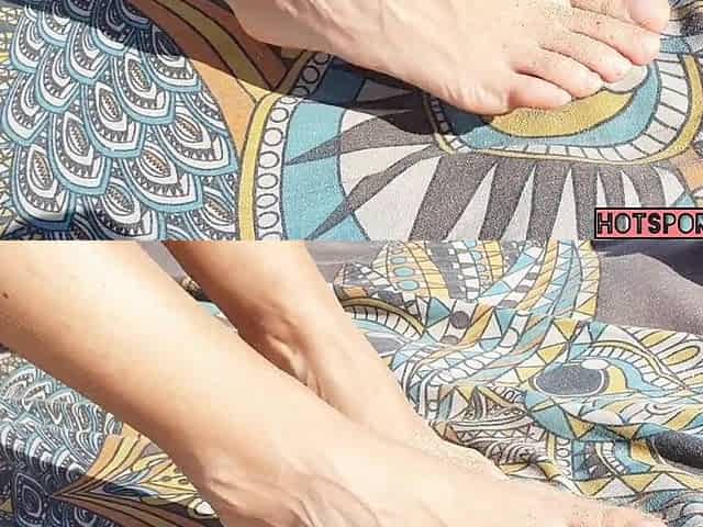 Beach beauty showing her Charming toes, nice-looking feet, legs, glamorous vagina and bazookas