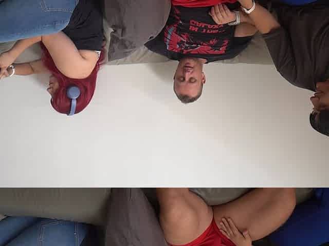 Stepdaughter Blows Stepdad to Cum in Mouth Swallow Right Next to Wife While She Scrolls Social Media
