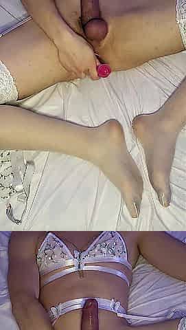 Sissy solo with 15' double vibrator and anal gape