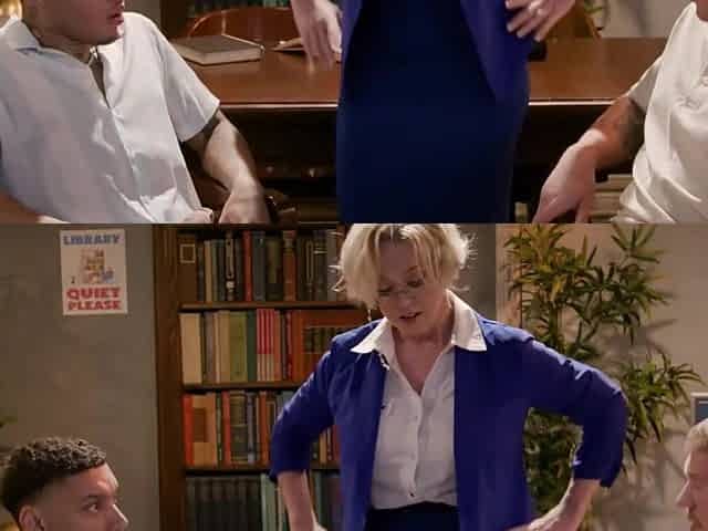 two perv student caught masturbating by big boobed matured but stll fertile librarian