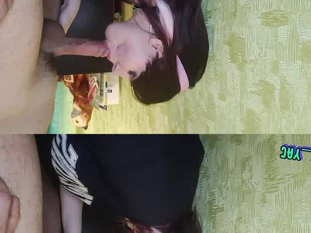 Emo slut sucked a dick while her sister was going to the entrance
