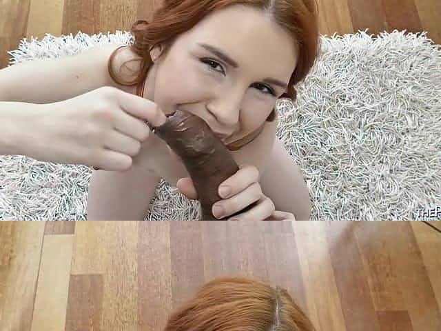 Redheaded Gal Enjoys Ebony guy's Foreskin with fingers and throat