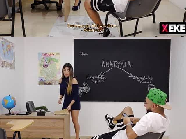 Amoral teacher gives anatomy lessons with her body to her student with a thick penis.